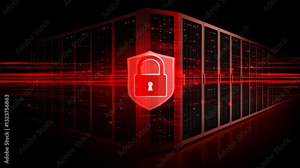 Poster Digital Data Security Concept with Server Rack and Shield Icon Featuring Lock on Dark Background