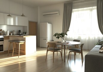 Fototapeta premium Sunny minimalist apartment interior with kitchen, dining area, and living space.