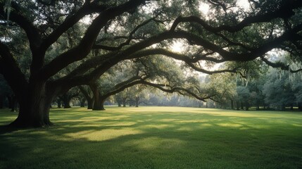Obraz premium Majestic trees arch gracefully over a lush green field, bathing in soft daylight, creating a peaceful, natural canopy.
