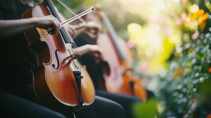 Musicians passionately play cellos in a garden, blending music with nature's vibrant colors and soft sunlight.