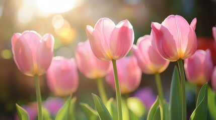 Fototapeta premium Pink tulips bask in warm sunlight. Ideal for spring, Easter, or nature themes, evokes feelings of hope and renewal.