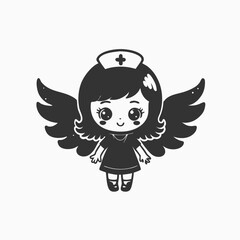 Cute nurse as an angel with wings chibi cartoon character. vector cartoon illustration isolated on white background