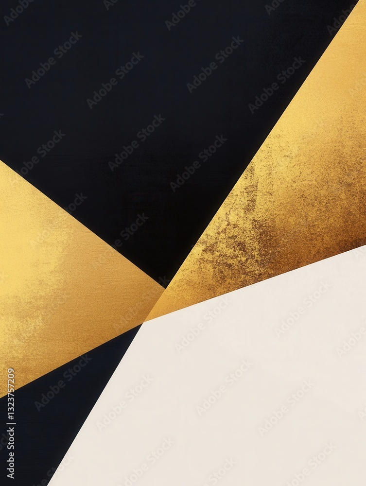Poster minimalist design featuring overlapping geometric shapes in black, white, and gold for modern aesthe