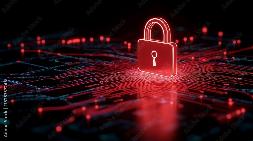 Poster digital lock icon over glowing circuit board representing cybersecurity and data protection concepts