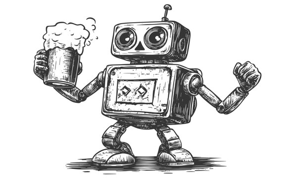 Vintage robot holding beer mug celebrating with cheerful gesture - linear icons set, flat vector.