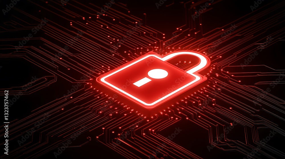 Poster digital lock icon with neon red glow on circuit board background depicting cybersecurity and data pr