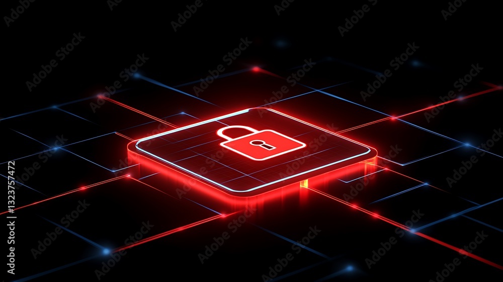 Poster digital lock symbol glowing in red with abstract technology background representing online security 