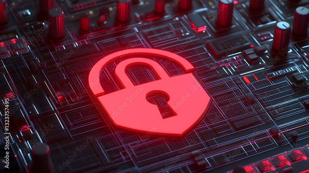 Poster digital lock symbol illuminated on circuit board with neon glow for cybersecurity and data protectio