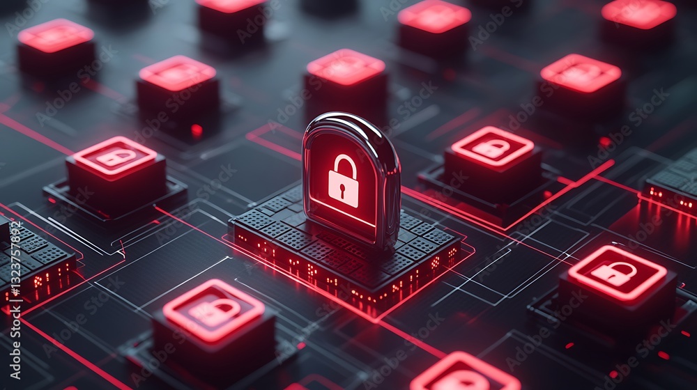 Poster digital lock symbol on circuit board background representing cybersecurity and data protection conce
