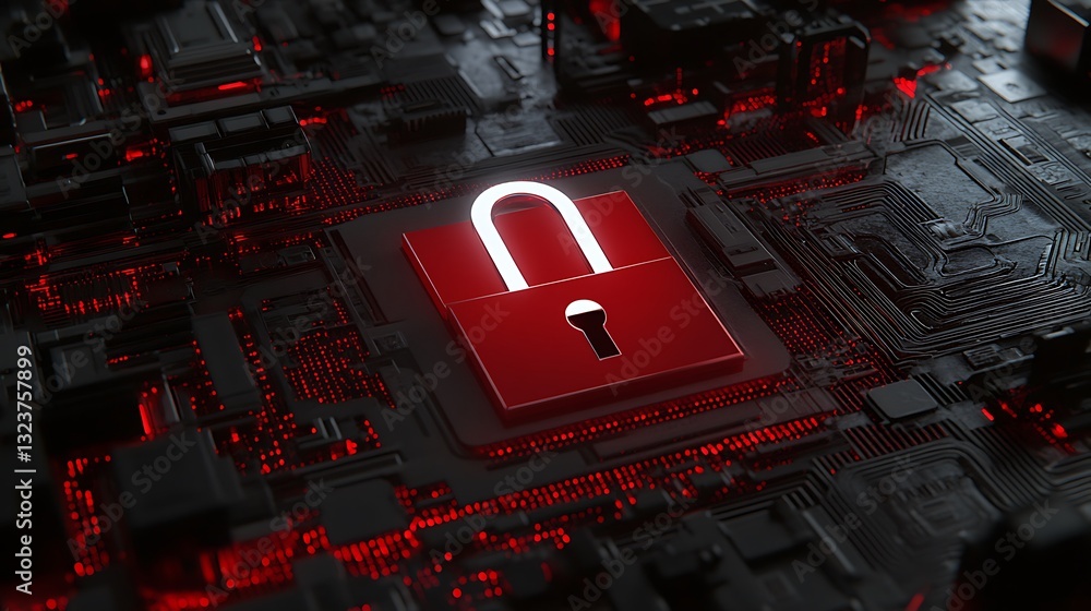 Poster digital lock symbol on circuit board with red lighting for cybersecurity concept and technology back
