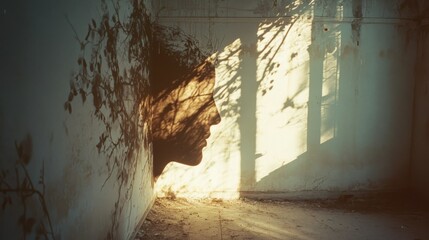 Shadow art transforms a dreary wall, contrasting light and darkness with a striking, human silhouette.