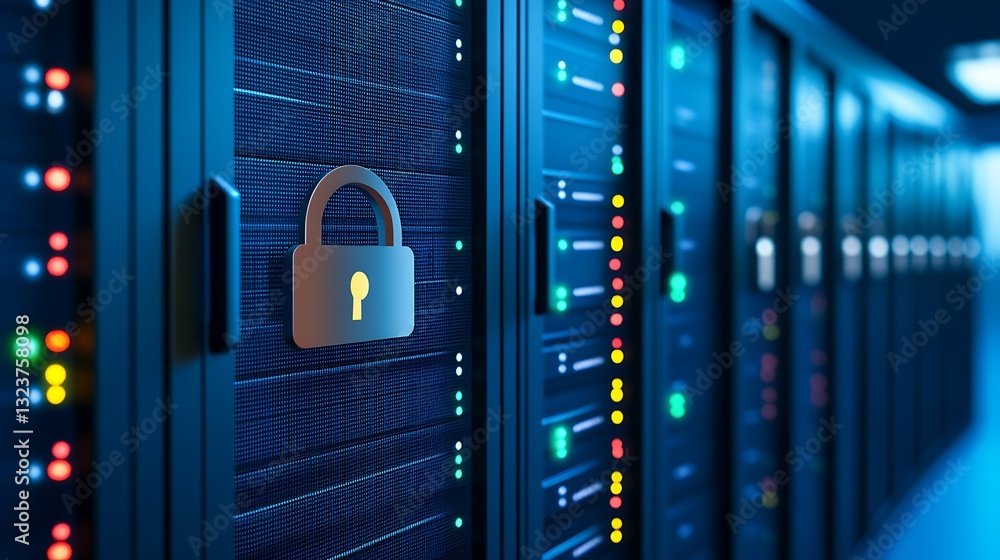 Poster digital lock symbol on server rack with colorful lights in data center environment
