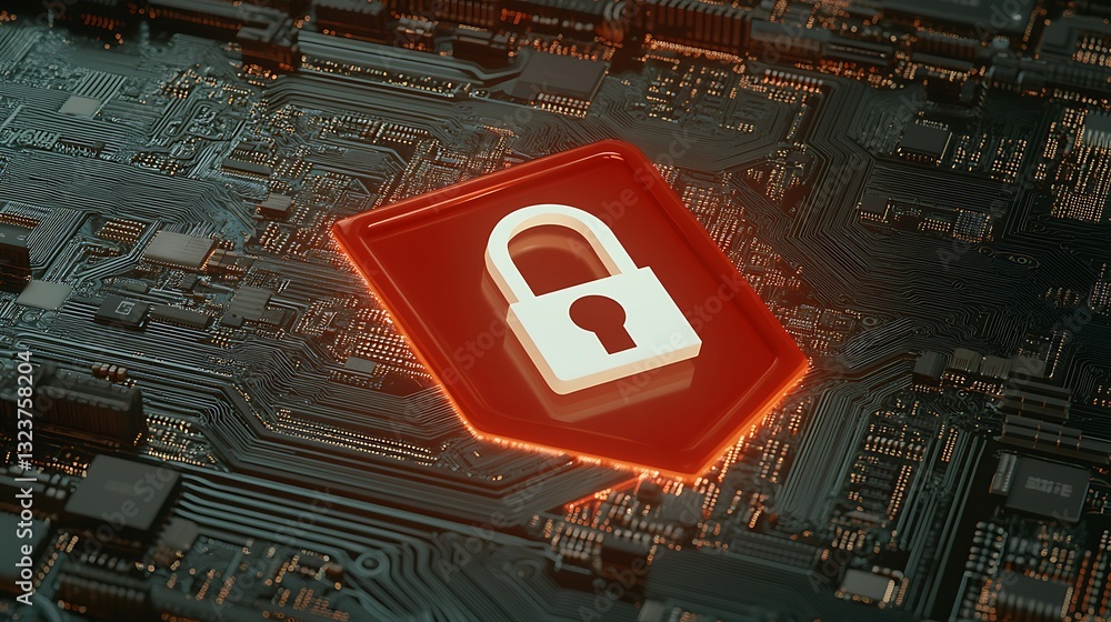 Poster digital lock symbol over circuit board background representing cybersecurity and data protection con