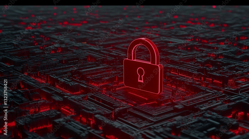 Poster digital padlock glowing in red amidst a futuristic circuit design in a cyber security context