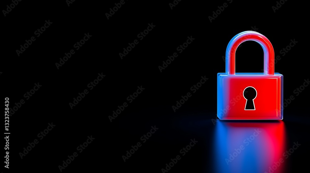 Poster digital padlock glowing in red and blue against a dark background symbolizing security and protectio