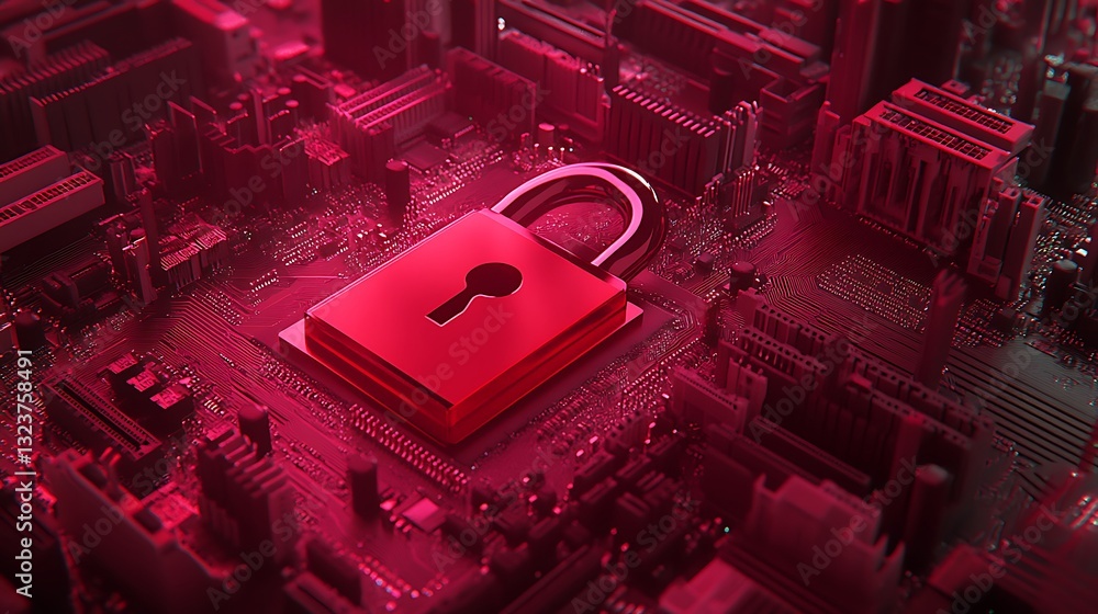 Poster digital padlock on circuit board representing cybersecurity and data protection concepts in red glow