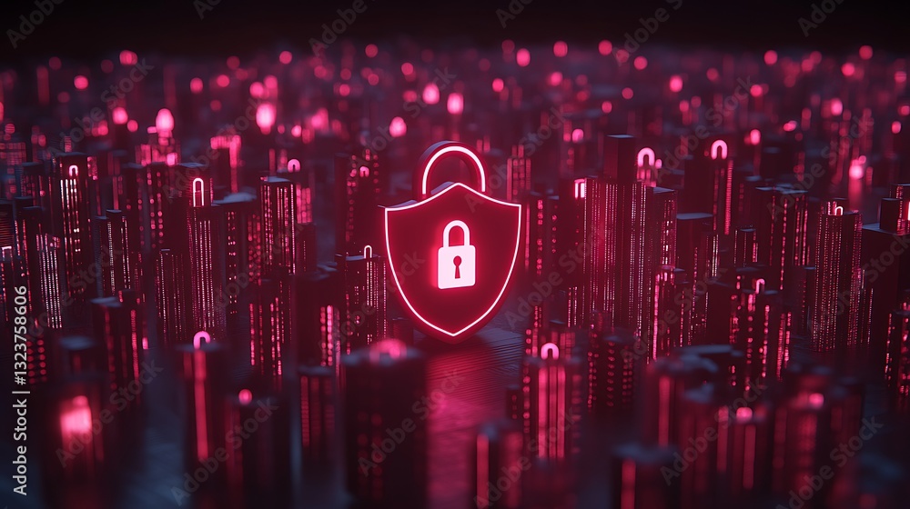 Poster digital secure network concept with glowing lock symbol on futuristic data landscape in vibrant pink