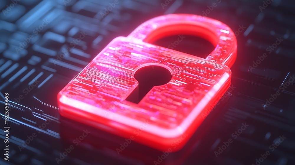 Poster digital representation of a glowing red padlock symbolizing data protection and cybersecurity themes