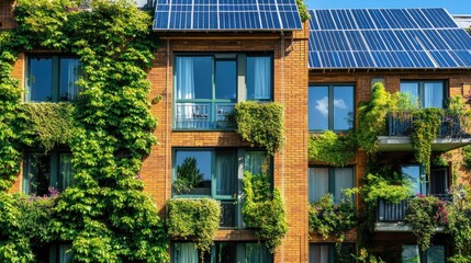 Fototapeta premium A building exterior incorporating plants and solar energy panels