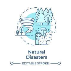 Natural disasters soft blue concept icon. Type of critical events. Travel risk management service. Round shape line illustration. Abstract idea. Graphic design. Easy to use in presentation