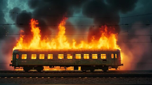 Train carriage in flames with sparks and smoke