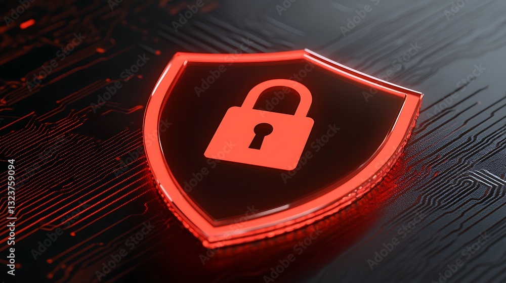 Poster digital security concept with a futuristic red shield and lock symbol on a circuit board background