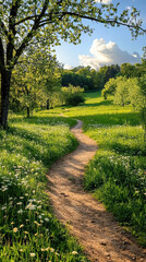 Obraz premium Path Through Serene Landscape: A winding path meanders through a sun-drenched meadow, enveloped by lush greenery and the promise of discovery. Capturing the tranquility and invitation to exploration.
