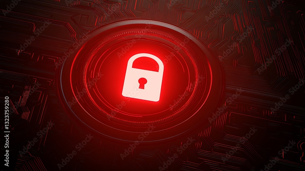 Poster digital security concept with glowing red padlock on a circuit board background illustrating data pr