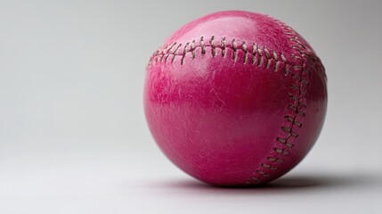 A vibrant pink softball, its glossy surface reflecting the light, rests on a stark white canvas, its color popping against the clean backdrop, highlighting its texture and form.