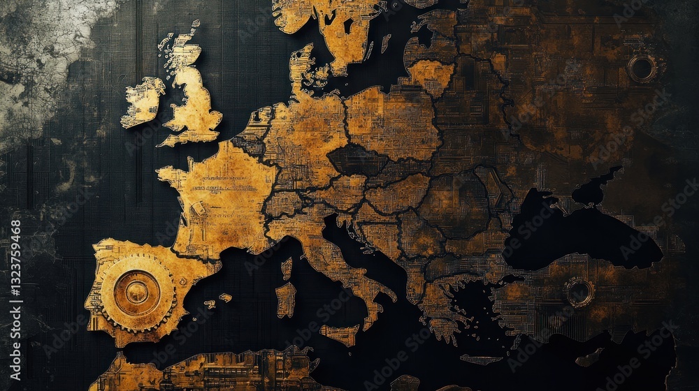 Poster detailed golden europe map over a dark background with contrasting metallic textures and pixelated a