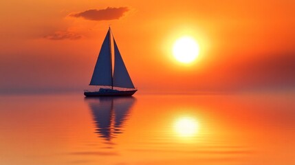 Fototapeta premium A lone sailboat drifts serenely on calm waters, bathed in the vibrant orange hues of a breathtaking sunset.