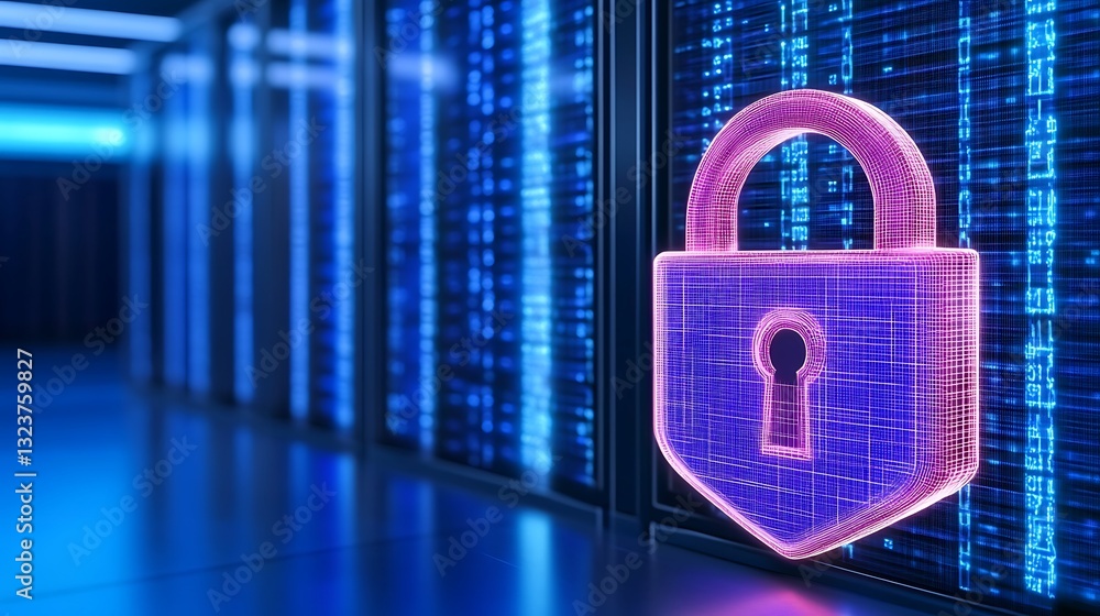 Poster digital security concept with neon lock symbol against data server background