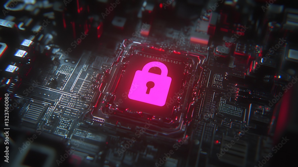Poster digital security concept with padlock on circuit board background illuminated in red and black tones