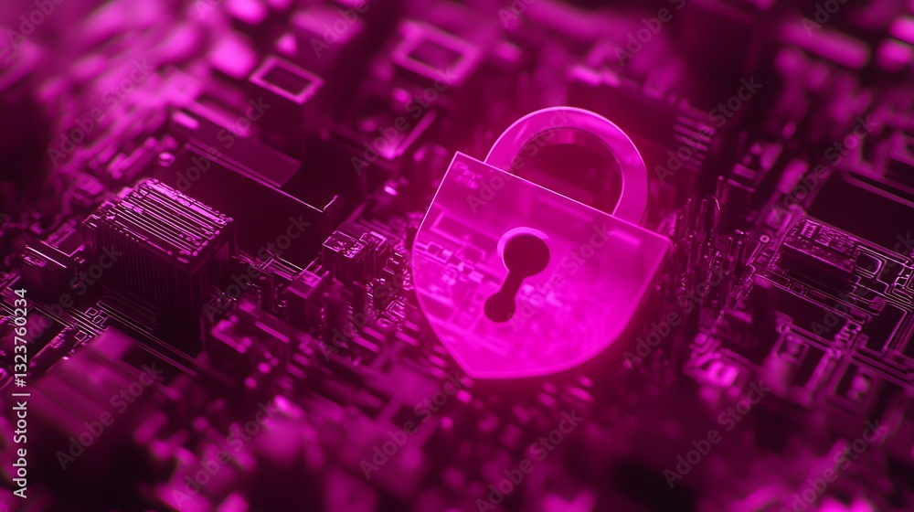 Poster digital security concept with pink lock on circuit board background representing cyber protection an