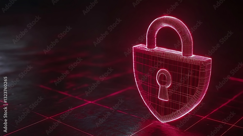 Poster digital security concept with neon wireframe lock and shield representing online protection and safe