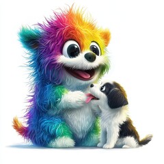 Obraz premium Rainbow Fluffy Monster Joyfully Playing with a Puppy, isolated on clear white background