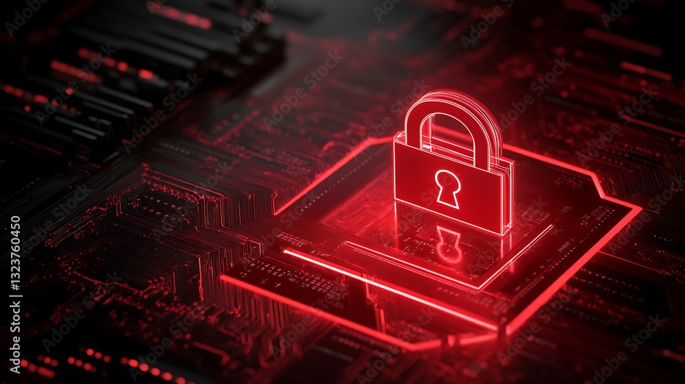 Poster digital security concept with red lock symbol on circuit board background in cybersecurity visualiza