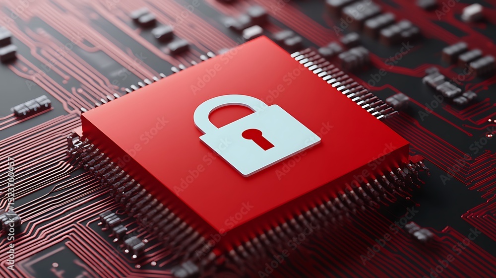 Poster digital security concept with red lock symbol on circuit board background for technology and cyber s