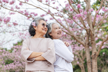 Fototapeta premium Two elderly women stand back-to-back, smiling joyfully under vibrant cherry blossom trees. They exude happiness, friendship, and confidence, embracing the beauty of life and nature together.