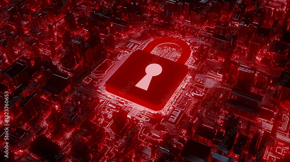 Poster digital security concept with red lock symbol over circuit board in cyber technology environment