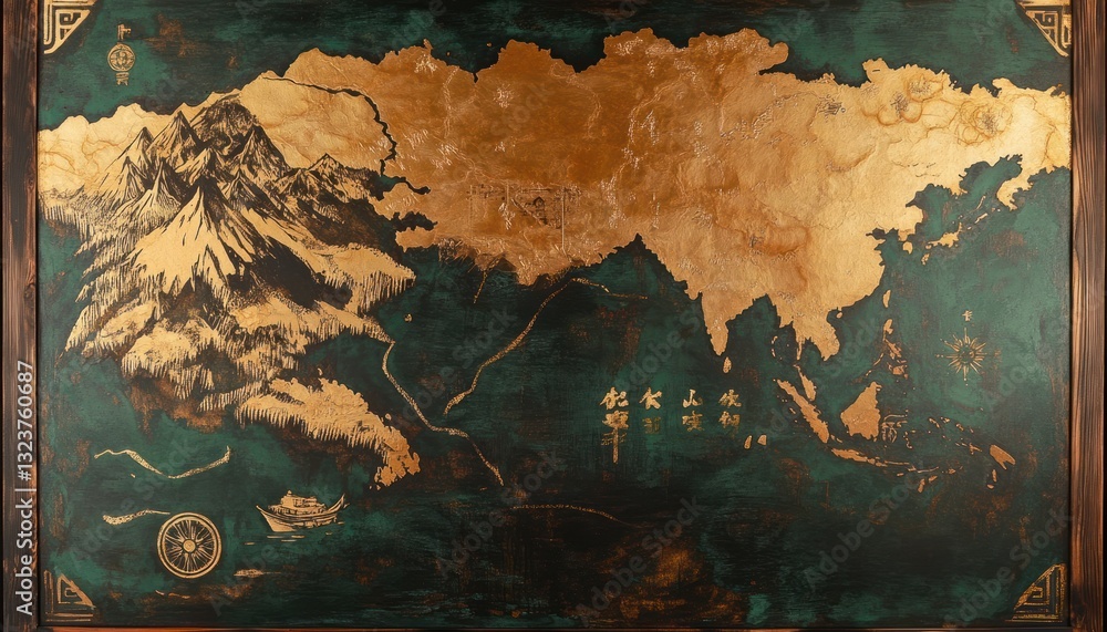Poster golden world map on green background with detailed mountain range design with a bronze frame