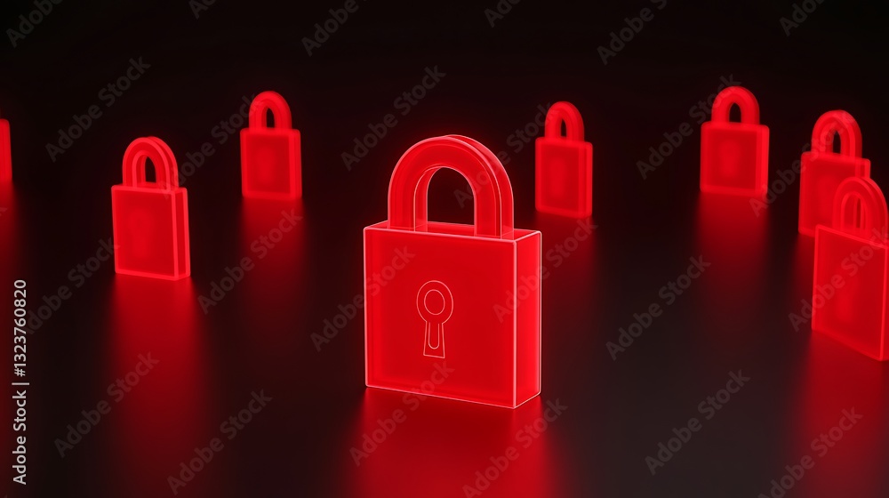 Poster digital security concept with red transparent padlocks on dark background representing data protecti