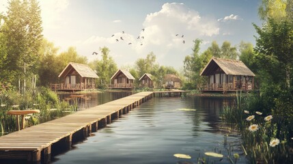 Fototapeta premium Serene Lakeside Retreat: Wooden cabins perched gracefully over a tranquil lake, connected by a long pier, create an idyllic scene of peace and relaxation amidst lush greenery.