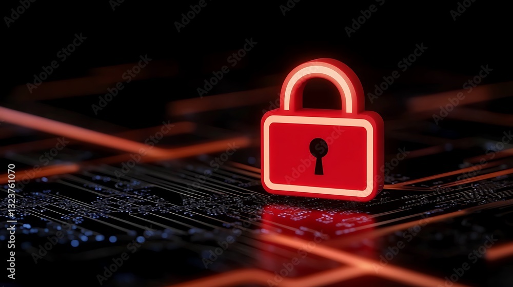 Poster digital security lock icon on circuit board background with neon glow effect for technology and prot