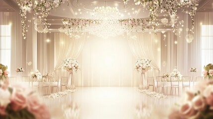 Elegance in Bloom: A captivating image presents a luxurious wedding venue, lavishly adorned with floral arrangements and delicate lights, creating a sense of romance and celebration. 