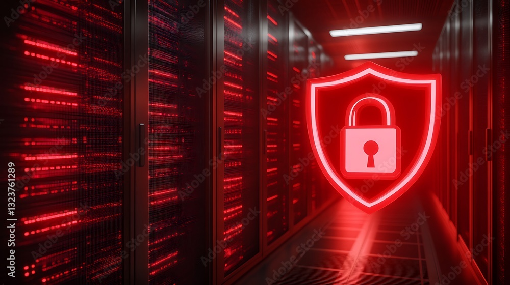 Poster digital security shield with lock symbol in red-lit data center environment representing cyber prote