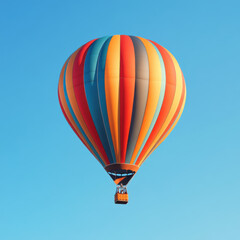 Naklejka premium vibrant hot air balloon floats against clear blue sky, showcasing colorful stripes in orange, red, and blue. scene evokes sense of adventure and freedom