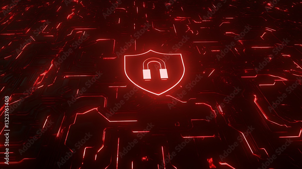 Poster digital shield with a padlock on a glowing circuit board background in red tones for cybersecurity t