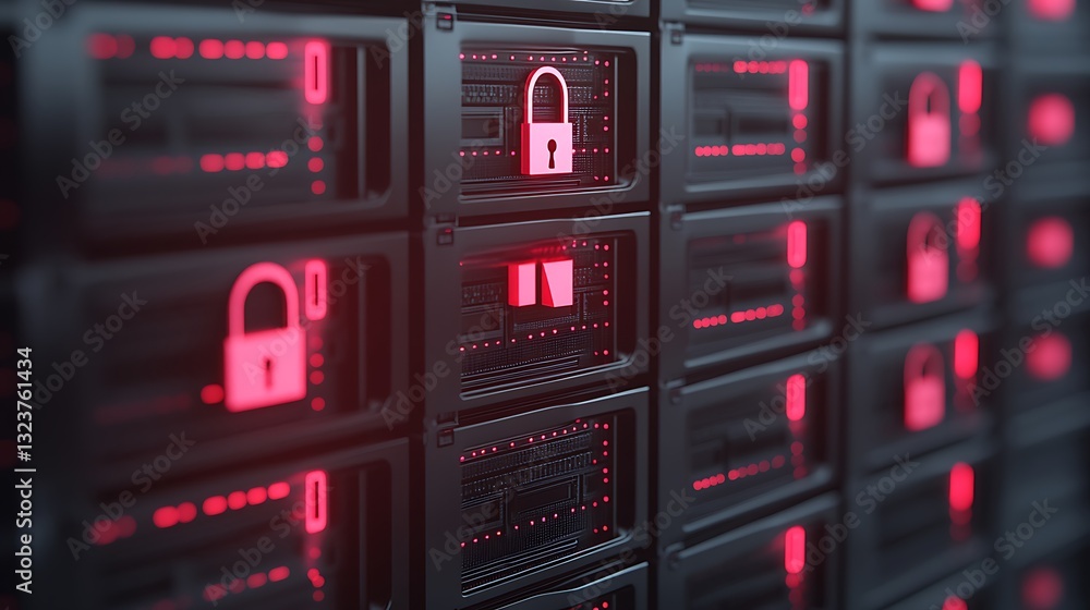Poster digital server room with red padlock symbols signifying cyber security and data protection measures