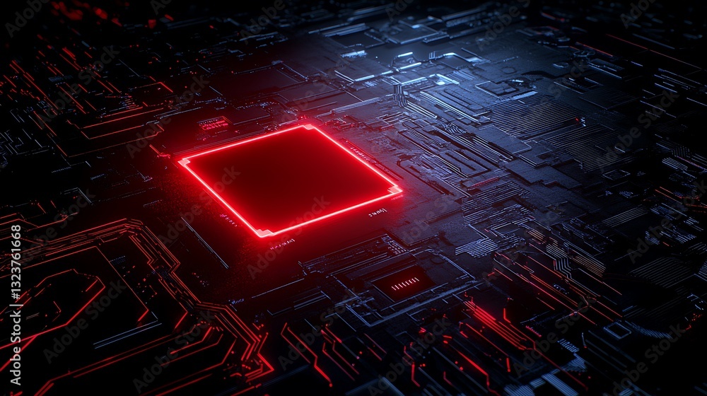 Poster futuristic circuit board with glowing red lines and central square, representing advanced technology